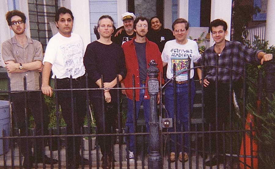 Robert Mugge with the Iguanas (front row) during the shooting of IGUANAS IN THE HOUSE in New Orleans in 1995.